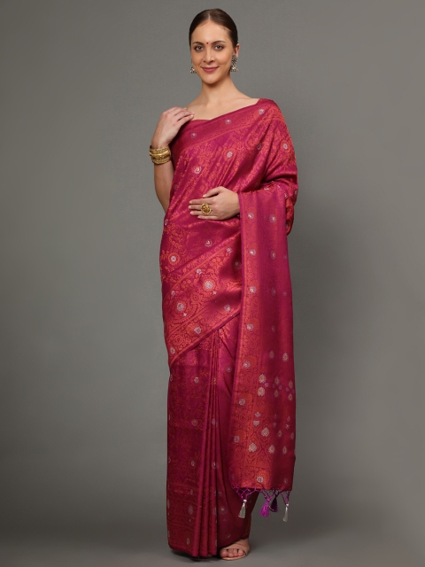 

Ekta Textiles Women Maroon & Silver-Toned Woven Design Zari Pure Silk Banarasi Saree