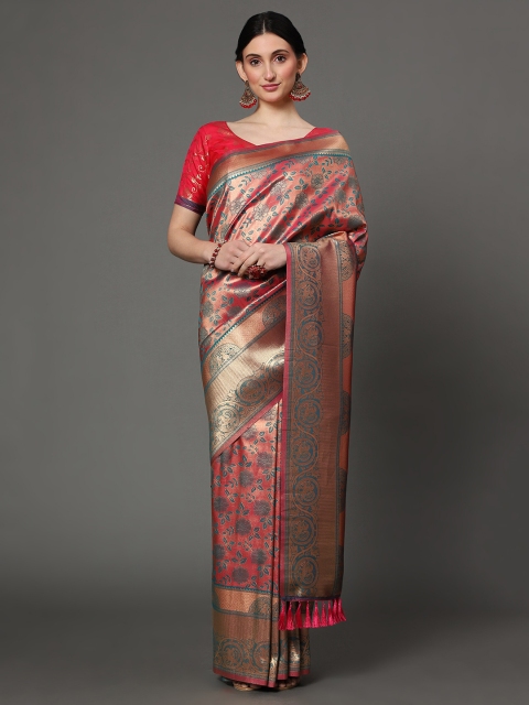 

Ekta Textiles Women Pink & Gold-Toned Woven Design Zari Pure Silk Banarasi Saree