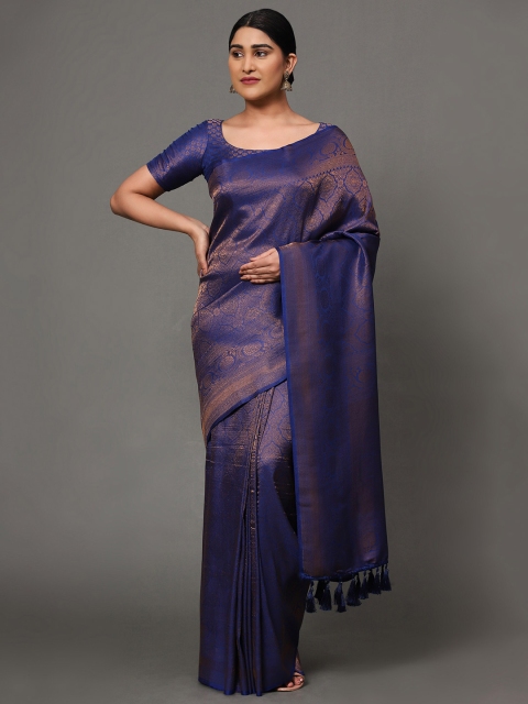 

Ekta Textiles Women Blue & Copper-Toned Woven Design Pure Silk Banarasi Saree