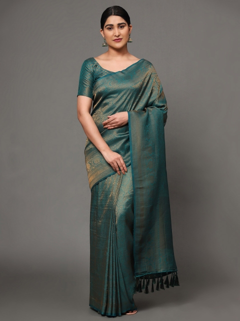 

Ekta Textiles Women Green & Gold-Toned Woven Design Zari Pure Silk Banarasi Saree