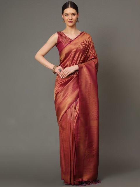 

Ekta Textiles Women Magenta & Gold-Toned Woven Design Zari Pure Silk Banarasi Saree