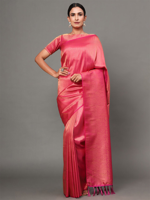 

Ekta Textiles Women Pink & Gold-Toned Woven Design Zari Pure Silk Banarasi Saree