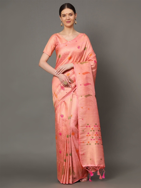 

Ekta Textiles Pink & Gold-Toned Floral Zari Pure Silk Banarasi Saree