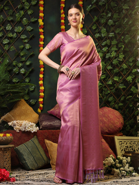 

Ekta Textiles Purple & Gold-Toned Woven Design Zari Pure Silk Banarasi Saree