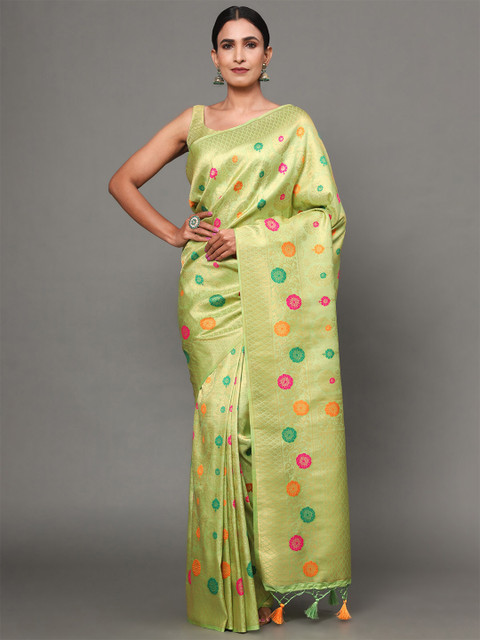 

Ekta Textiles Green & Red Zari Pure Silk Banarasi Saree
