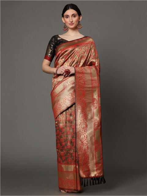 

Ekta Textiles Black & Red Floral Zari Pure Silk Banarasi Saree