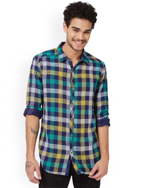 

Breakbounce Men Blue & Yellow Slim Fit Checked Casual Shirt