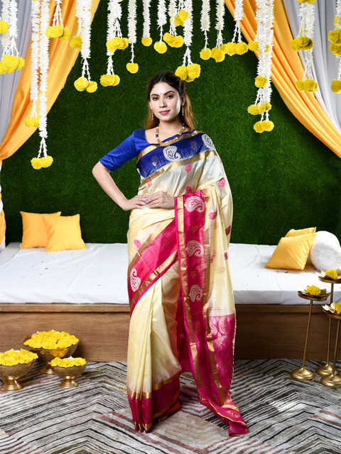 

BEATITUDE Off White & Pink Paisley Pure Silk Saree
