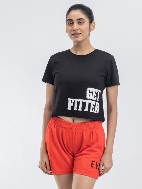 

DRYP EVOLUT Women Black Typography Printed Cotton T-shirt
