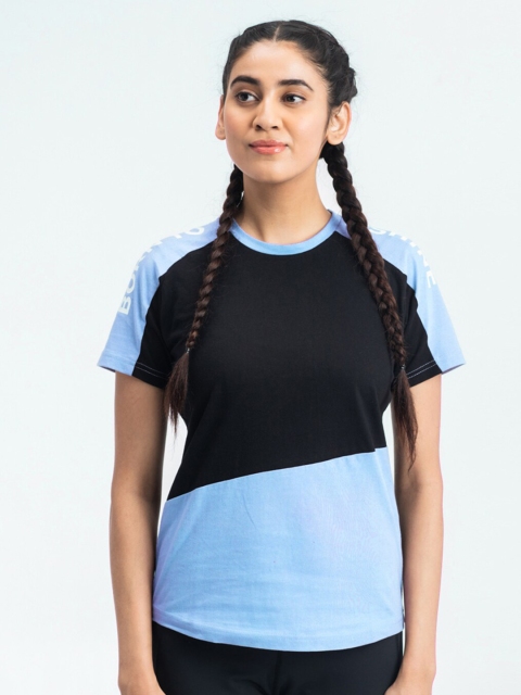 

DRYP EVOLUT Women Blue & Black Colourblocked Cotton T-shirt