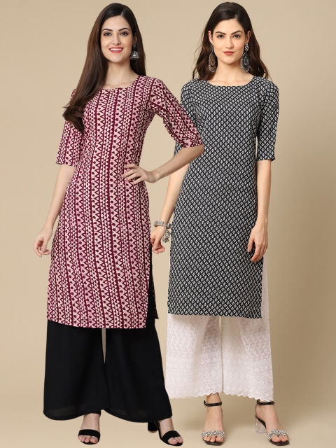 

1 Stop Fashion Women Pink & Black Pack of 2 Geometric Crepe Kurta