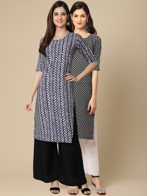 

1 Stop Fashion Women Pack Of 2 Blue & Black Floral Printed Block Print Crepe Kurta