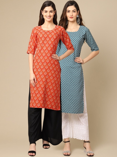 

1 Stop Fashion Women Orange & White 2 Geometric Printed Crepe Kurta