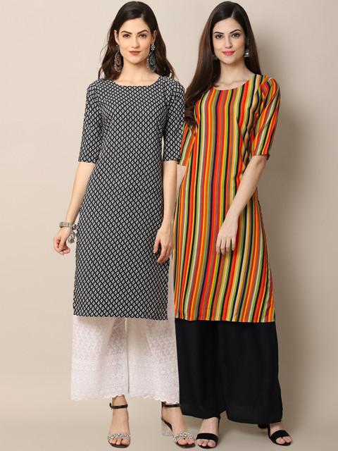 

1 Stop Fashion Women Black & Orange Pack of 2 Floral Printed Crepe Kurta