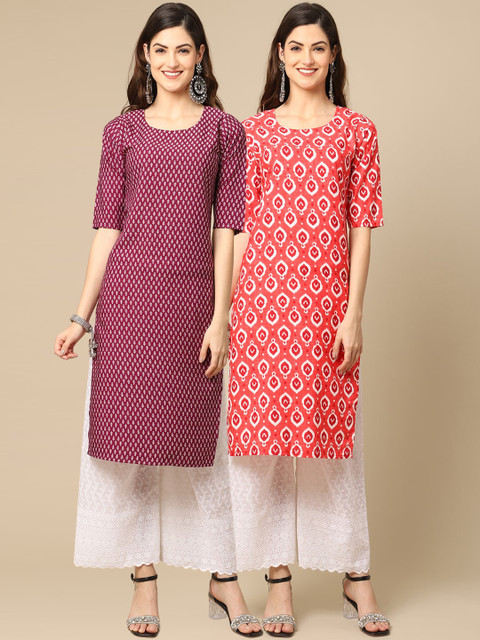 

1 Stop Fashion Women Pack Of 2 Violet Ethnic Motifs Printed Block Print Crepe Kurta