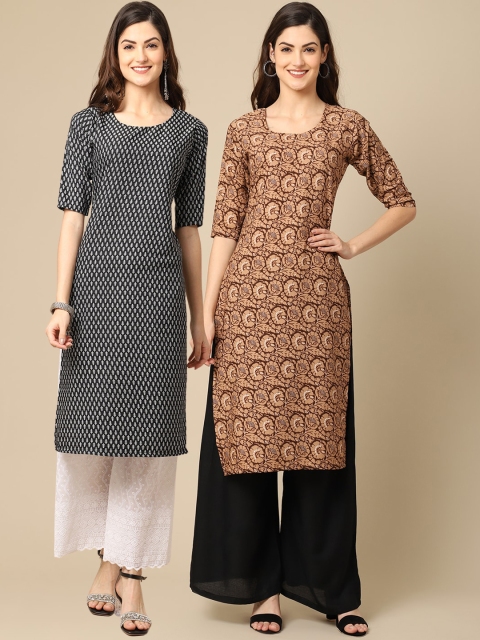 

1 Stop Fashion Women Black & Beige Pack of 2 Floral Crepe Kurta