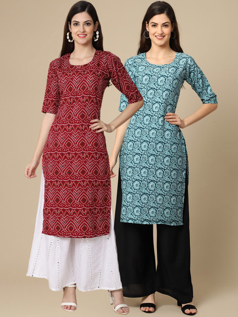 

1 Stop Fashion Women Maroon & Blue Pack of 2 Floral Printed Crepe Kurta