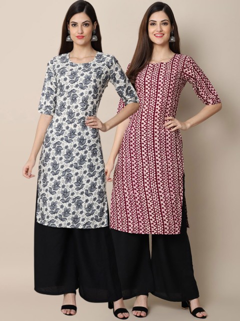 

1 Stop Fashion Women Pack Of 2 White & Maroon Geometric Printed Crepe Kurta