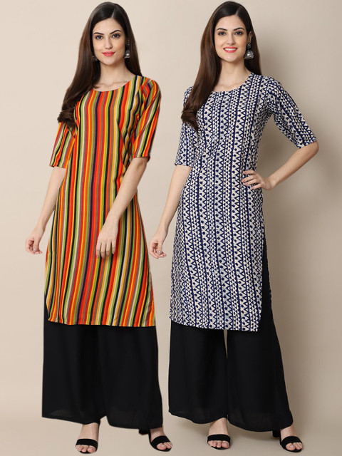 

1 Stop Fashion Women Orange & Blue Pack of 2 Geometric Crepe Kurta
