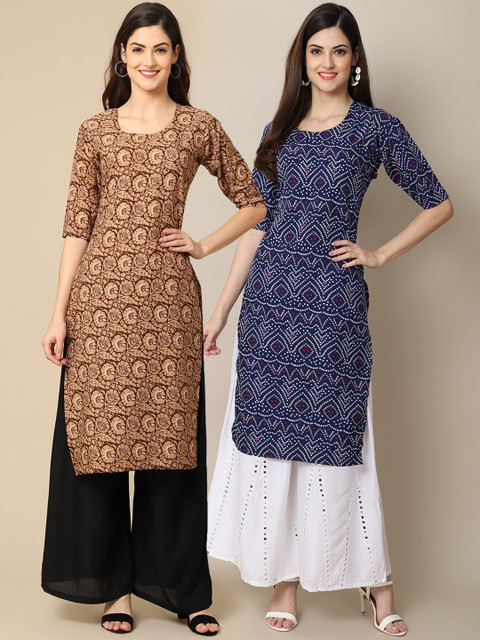 

1 Stop Fashion Women Pack of 2 Beige & Blue Printed Crepe Straight Kurta