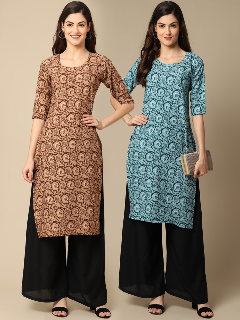

1 Stop Fashion Women Beige & Blue Pack of 2 Floral Printed Crepe Kurta