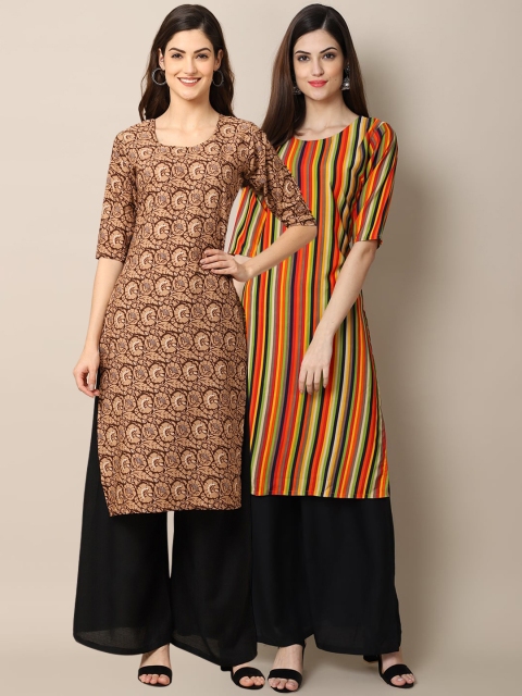 1 Stop Fashion Women Pack of 2 Brown & Orange Printed Crepe Kurtas