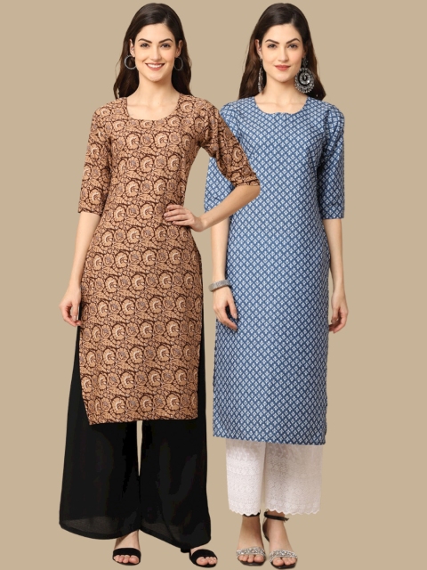 

1 Stop Fashion Women Pack Of 2 Brown & Blue Geometric Printed Block Print Kurta