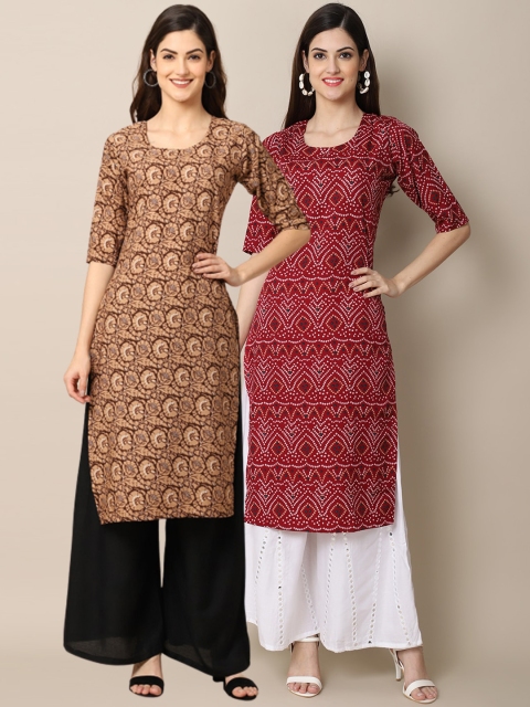 

1 Stop Fashion Women Brown & Red Pack Of 2 Bandhani Printed Crepe Kurta