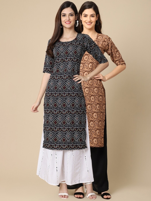 

1 Stop Fashion Women Pack Of 2 Black & Brown Floral Printed Block Print Crepe Kurta