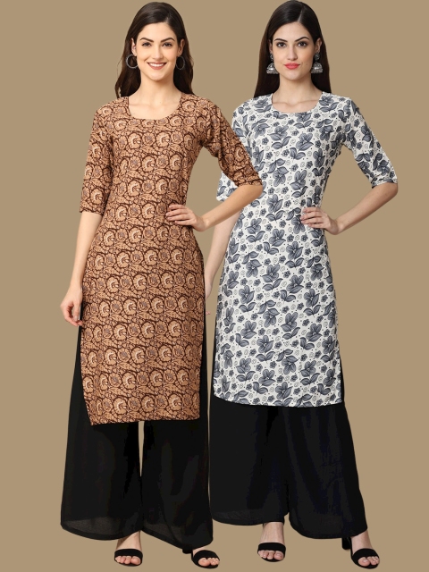 

1 Stop Fashion Women Pack of 2 White & Brown Ethnic Motifs Printed Crepe Kurtas