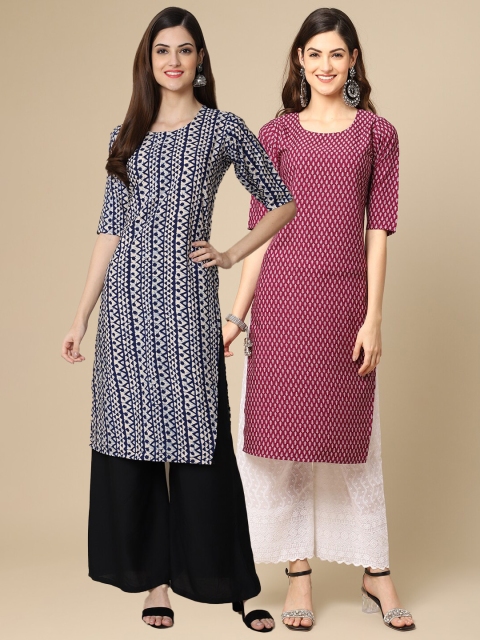 

1 Stop Fashion Women Navy Blue & Purple Pack of 2 Geometric Printed Crepe Kurta