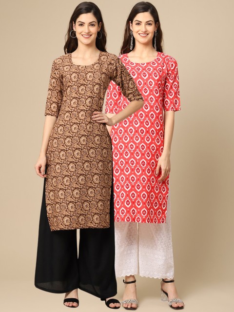 

1 Stop Fashion Women Brown & Red Pack of 2 Geometric Printed Crepe Kurta