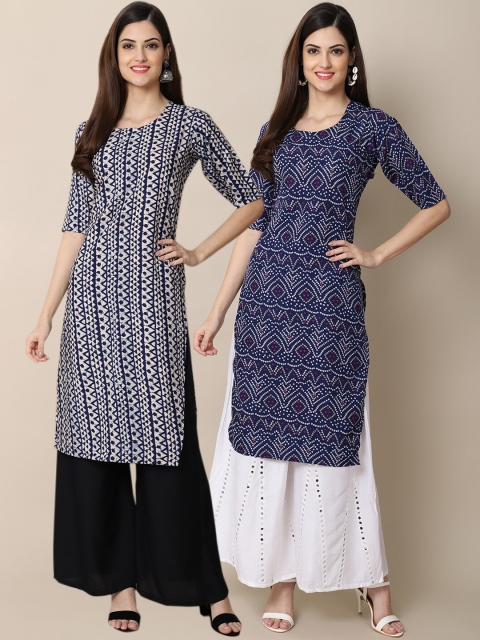 

1 Stop Fashion Women Pack Of 2 Navy Blue & Blue Ethnic Motifs Printed Crepe Kurta