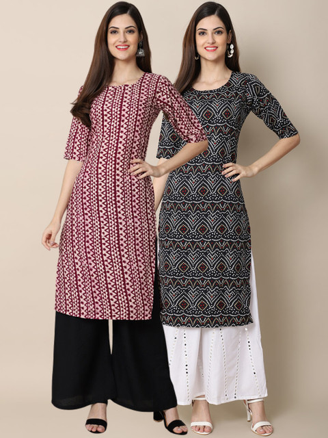 

1 Stop Fashion Women Maroon & Black 2 Ethnic Motifs Printed Crepe Kurta