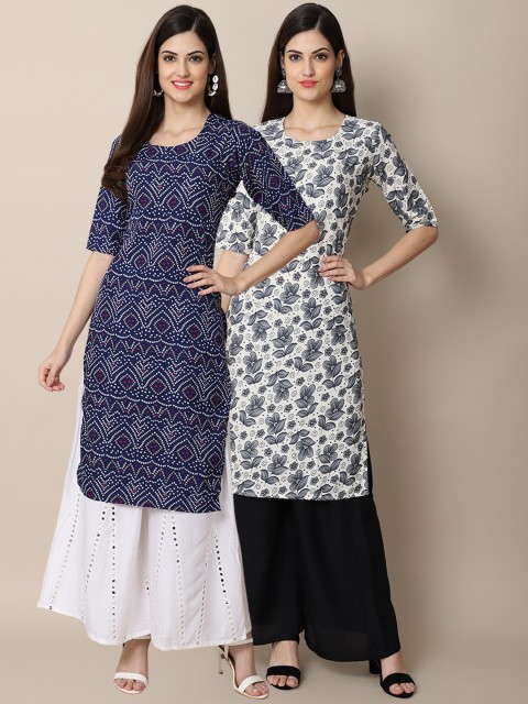 

1 Stop Fashion Women Pack of 2 Navy Blue & White Ethnic Motifs Printed Crepe Kurtas