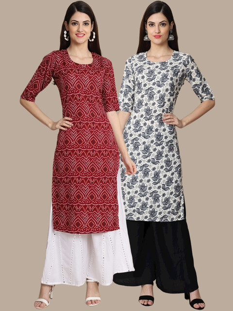 

1 Stop Fashion Women Pack of 2 Maroon & Grey Ethnic Motifs Printed Crepe Kurta