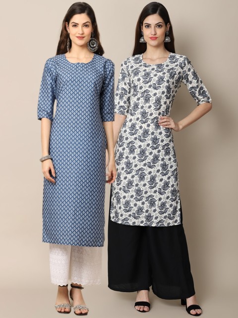 

1 Stop Fashion Women Pack Of 2 Blue & Cream-Coloured Geometric Printed Crepe Kurta