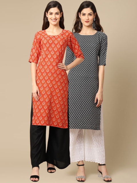 

1 Stop Fashion Women Pack Of 2 Black & Orange Printed Crepe Straight Kurta