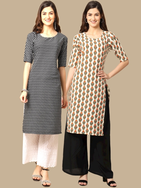 

1 Stop Fashion Women Black & White Pack of 2 Floral Crepe Kurta