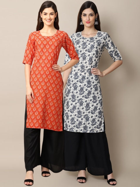 

1 Stop Fashion Women Orange & White Pack of 2 Floral Printed Crepe Kurta