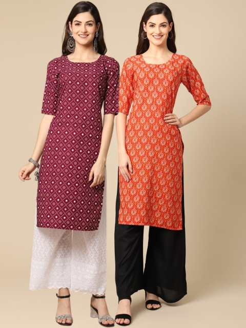 

1 Stop Fashion Women Pack of 2 Orange & Maroon Ethnic Motifs Printed Crepe Kurtas