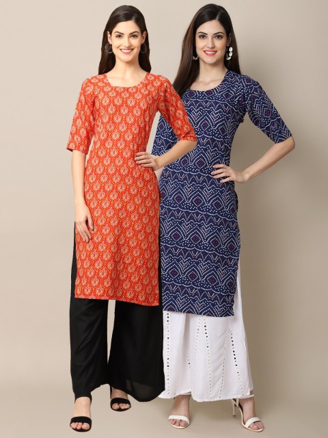 

1 Stop Fashion Women Pack of 2 Orange & Blue Geometric Block Print Crepe Kurta