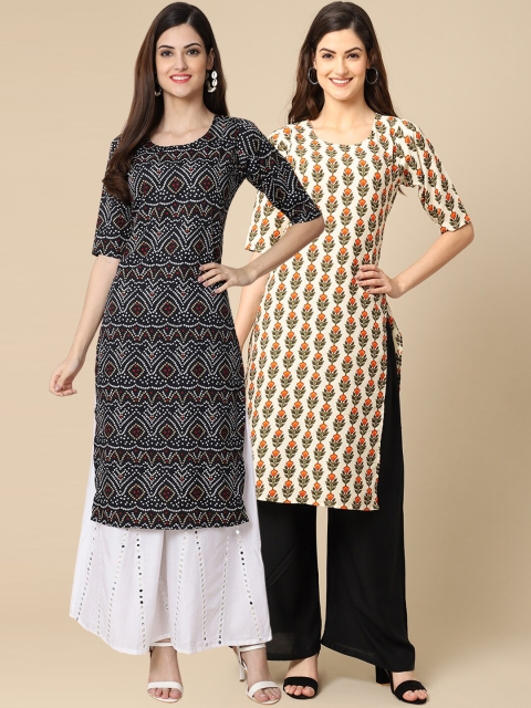

1 Stop Fashion Women Pack of 2 Black & Off White Printed Crepe Straight Kurta