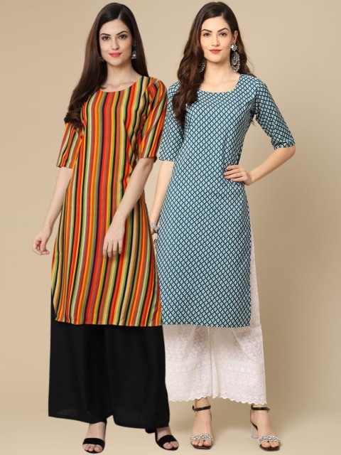 

1 Stop Fashion Women Pack of 2 Yellow & Blue Printed Crepe Straight Kurta