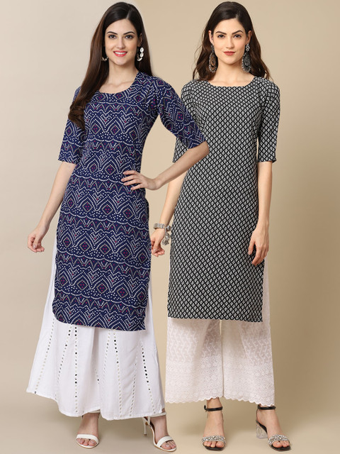 

1 Stop Fashion Women Pack of 2 Blue & Black Geometric Block Print Crepe Kurta