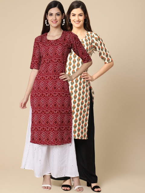 

1 Stop Fashion Women Maroon & White 2 Ethnic Motifs Printed Crepe Kurta