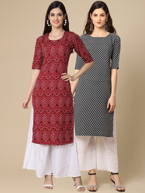 

1 Stop Fashion Women Pack Of 2 Maroon & Black Geometric Printed Crepe Kurta