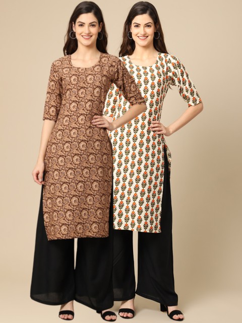 

1 Stop Fashion Women Pack of 2 Beige & Cream-Coloured Printed Crepe Straight Kurta