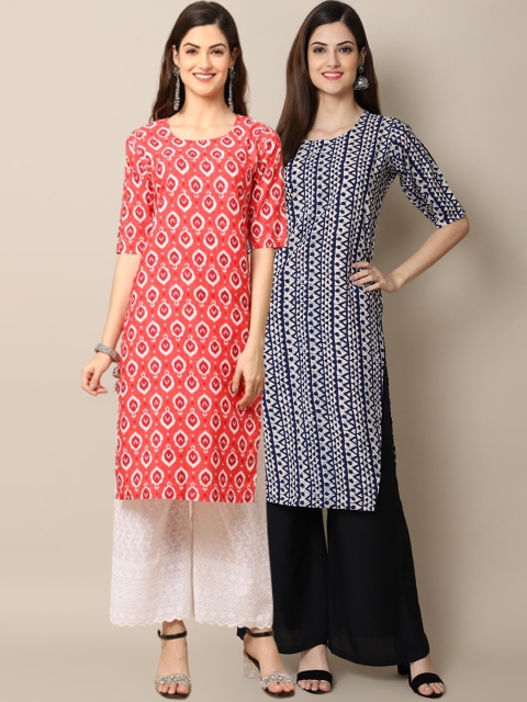 

1 Stop Fashion Women Pack Of 2 Pink & Navy Blue Geometric Printed Crepe Kurta