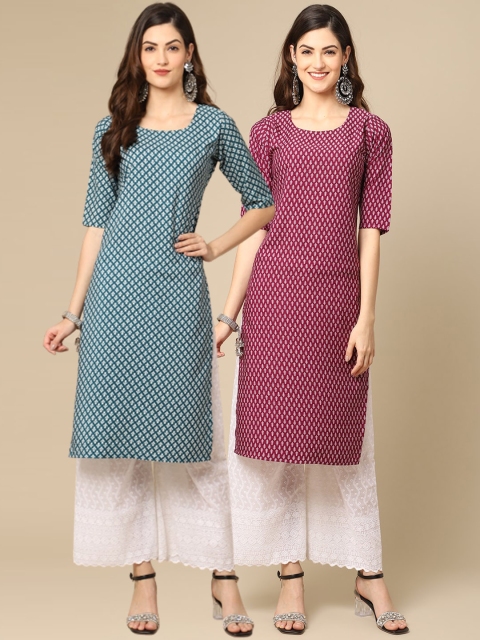

1 Stop Fashion Women Sea Green & Maroon 2 Geometric Printed Crepe Kurta